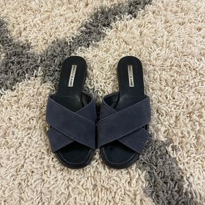 Manolo Blahnik blue suede leather cross slides
